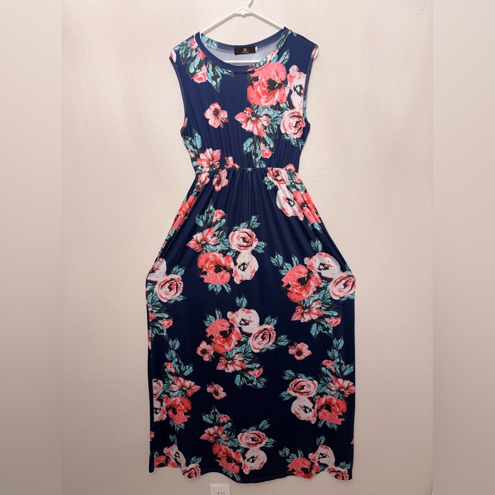 Isassy Women’s Navy Floral Sleeveless Midi Dress Size XL